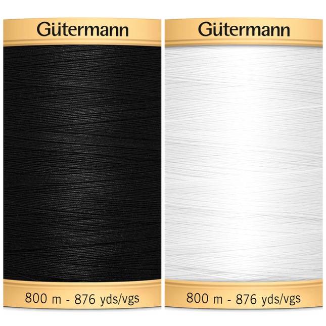 Two reels of Gutermann cotton thread, one in black and one in white, each with text indicating the brand and length of 800 meters.