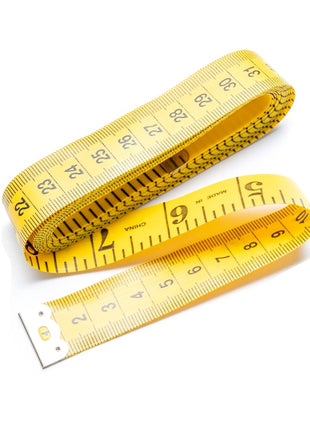 An extra long yellow tape measure with both imperial and metric measurements displayed in an extended form on a white background.