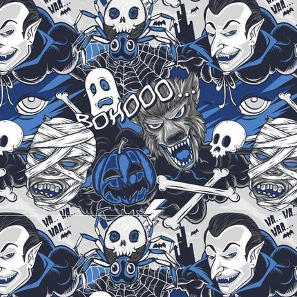 Blue Black Cotton Fabric with Halloween Comic Strip Theme 58" Wide 100% Cotton