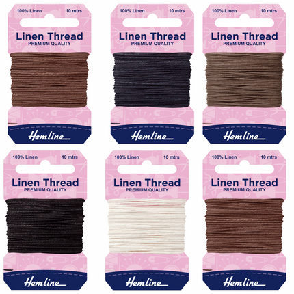 A collection of six Hemline linen thread spools in various colors including white, brown, khaki, black, and navy, each spool is 10 meters in length and intended for use in saddlery, canvas, and upholstery repair - Price is for 2 cards or 10 meters 