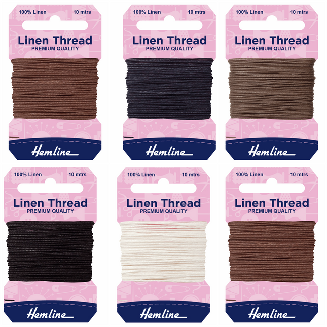 A collection of six Hemline linen thread spools in various colors including white, brown, khaki, black, and navy, each spool is 10 meters in length and intended for use in saddlery, canvas, and upholstery repair - Price is for 2 cards or 10 meters 