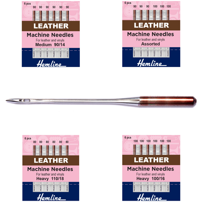 Packaging for Hemline leather machine needles, featuring needles inserted into pink cardstock with branding and needle size information.