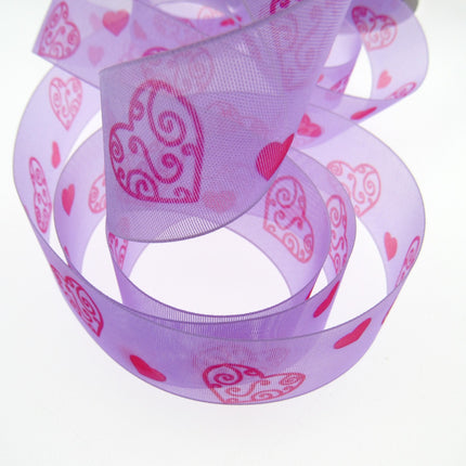 5m x 25mm Lilac Organza Ribbon with Red Love Hearts for Valentines Day - ThreadandTrimmings
