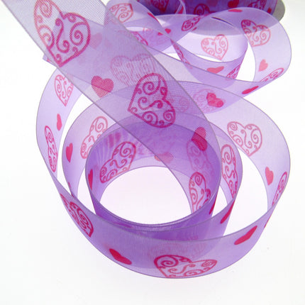 5m x 25mm Lilac Organza Ribbon with Red Love Hearts for Valentines Day - ThreadandTrimmings