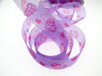 5m x 25mm Lilac Organza Ribbon with Red Love Hearts for Valentines Day