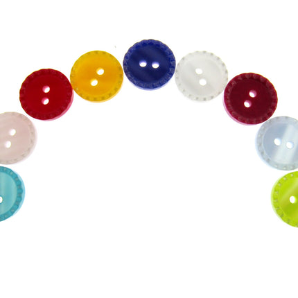 An assortment of round two-tone shimmer bead edge buttons in various bright colors.