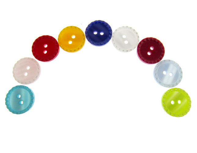 An assortment of round two-tone shimmer bead edge buttons in various bright colors.