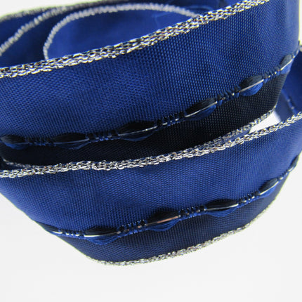 Wired Edge Ribbon - 3m x 25mm Blue Wired Ribbon with Silver Lurex Edge 44111 - ThreadandTrimmings