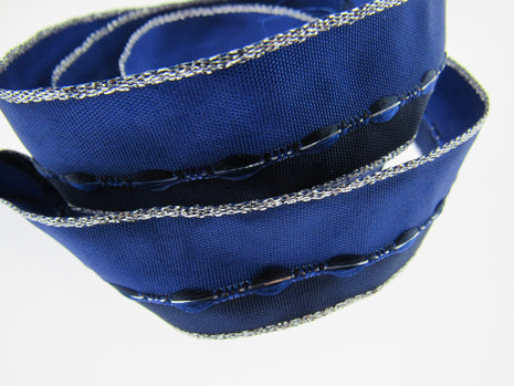 Wired Edge Ribbon - 3m x 25mm Blue Wired Ribbon with Silver Lurex Edge 44111 - ThreadandTrimmings