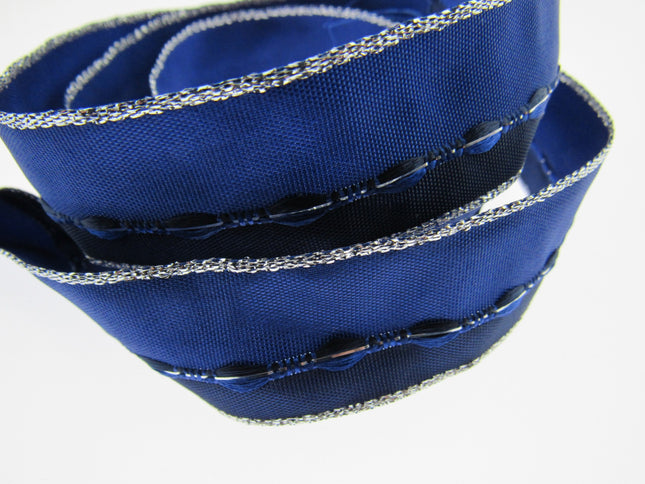 Wired Edge Ribbon - 3m x 25mm Blue Wired Ribbon with Silver Lurex Edge 44111 - ThreadandTrimmings