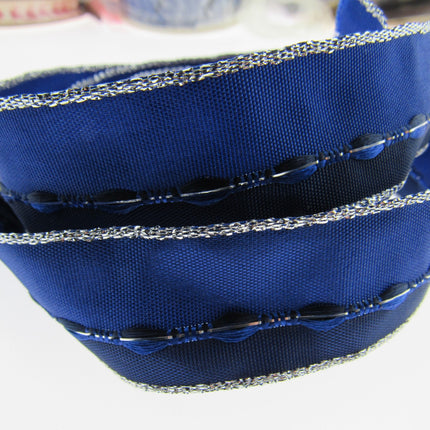 Wired Edge Ribbon - 3m x 25mm Blue Wired Ribbon with Silver Lurex Edge 44111 - ThreadandTrimmings
