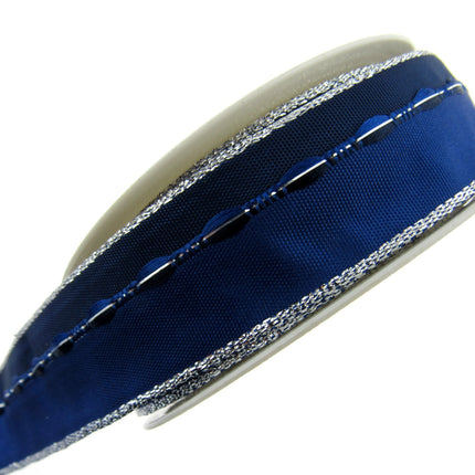 Wired Edge Ribbon - 3m x 25mm Blue Wired Ribbon with Silver Lurex Edge 44111 - ThreadandTrimmings