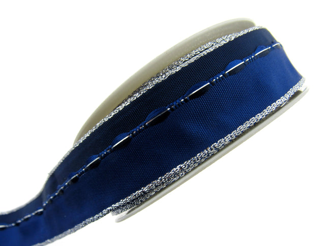 Wired Edge Ribbon - 3m x 25mm Blue Wired Ribbon with Silver Lurex Edge 44111 - ThreadandTrimmings