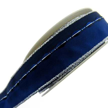 Wired Edge Ribbon - 3m x 25mm Blue Wired Ribbon with Silver Lurex Edge 44111 - ThreadandTrimmings