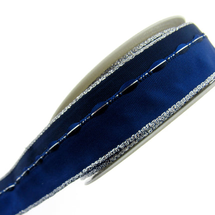 Wired Edge Ribbon - 3m x 25mm Blue Wired Ribbon with Silver Lurex Edge 44111 - ThreadandTrimmings