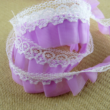 Gathered Pleated Trim in Lilac with White Lace Edge - 25mm x 3 Meters