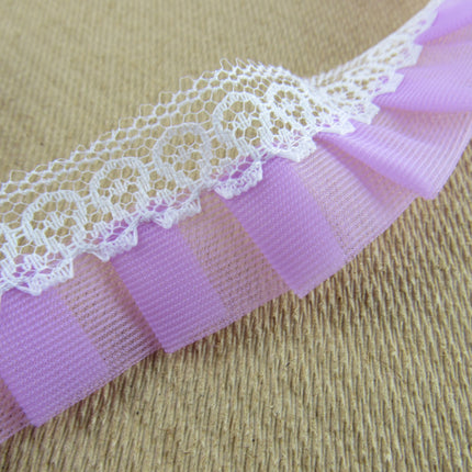 Gathered Pleated Trim in Lilac with White Lace Edge - 25mm x 3 Meters