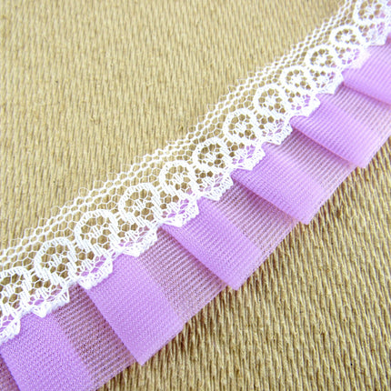 Gathered Pleated Trim in Lilac with White Lace Edge - 25mm x 3 Meters