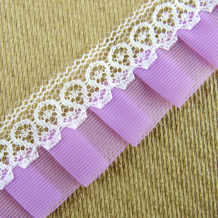 Gathered Pleated Trim in Lilac with White Lace Edge - 25mm x 3 Meters