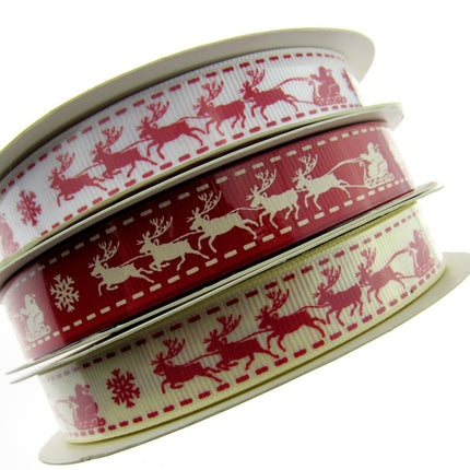 Santa's Reindeer Christmas Ribbon by Berties Bows - 3 Meters Grosgrain Ribbon - ThreadandTrimmings