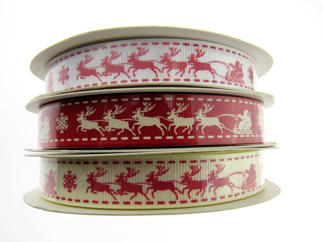 Santa's Reindeer Christmas Ribbon by Berties Bows - 3 Meters Grosgrain Ribbon - ThreadandTrimmings