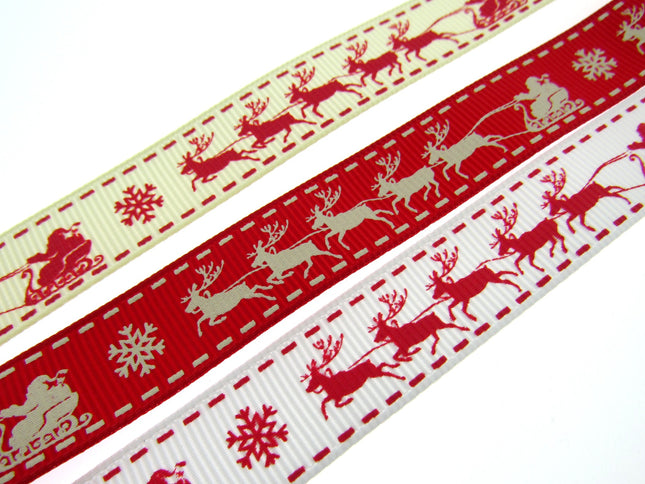 Santa's Reindeer Christmas Ribbon by Berties Bows - 3 Meters Grosgrain Ribbon - ThreadandTrimmings