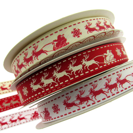 Santa's Reindeer Christmas Ribbon by Berties Bows - 3 Meters Grosgrain Ribbon - ThreadandTrimmings