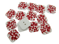 Square Red Floral Wooden Buttons with 2 Holes - 50 Buttons Clearance - 25mm