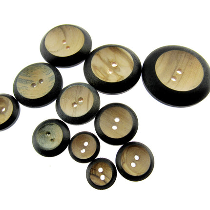 Round Wooden Buttons with Black Burnt Rim on Olive Wood 11 Sizes CW5 - ThreadandTrimmings