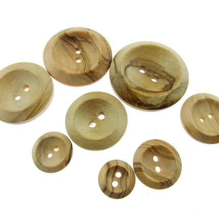 Round Olive Wood Buttons with 2 Holes & Wedge Rim Made from Olive Wood CW3X - ThreadandTrimmings