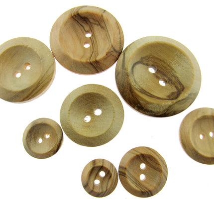 Round Olive Wood Buttons with 2 Holes & Wedge Rim Made from Olive Wood CW3X - ThreadandTrimmings