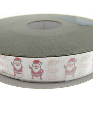 Christmas Ribbon White Satin Santa Ho Ho Ho Ribbon 15mm - 20 Meter Roll TCR0415