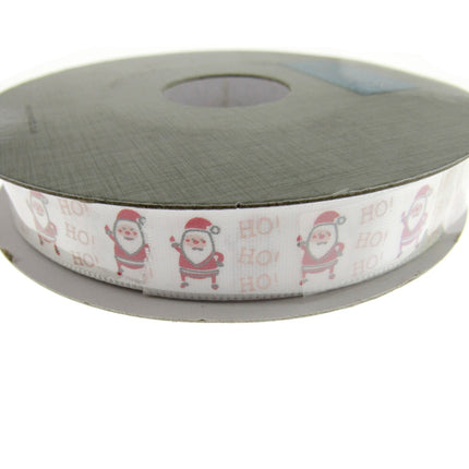 Christmas Ribbon White Satin Santa Ho Ho Ho Ribbon 15mm - 20 Meter Roll TCR0415