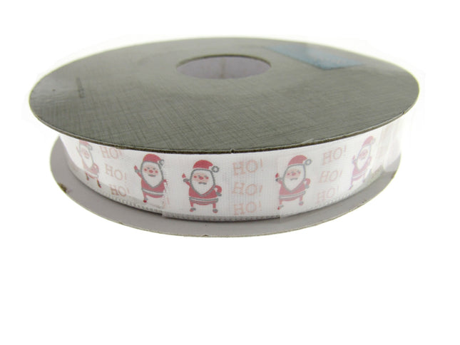 Christmas Ribbon White Satin Santa Ho Ho Ho Ribbon 15mm - 20 Meter Roll TCR0415