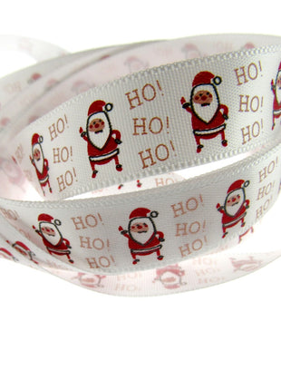Christmas Ribbon White Satin Santa Ho Ho Ho Ribbon 15mm - 20 Meter Roll TCR0415