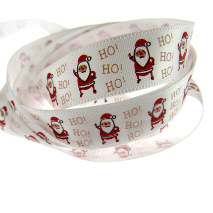 Christmas Ribbon White Satin Santa Ho Ho Ho Ribbon 15mm - 20 Meter Roll TCR0415