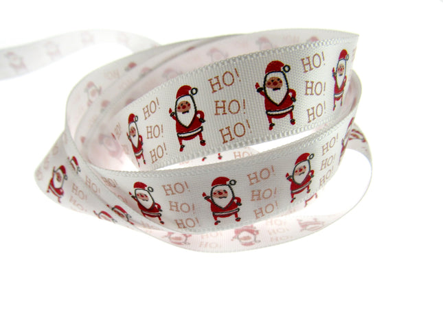Christmas Ribbon White Satin Santa Ho Ho Ho Ribbon 15mm - 20 Meter Roll TCR0415
