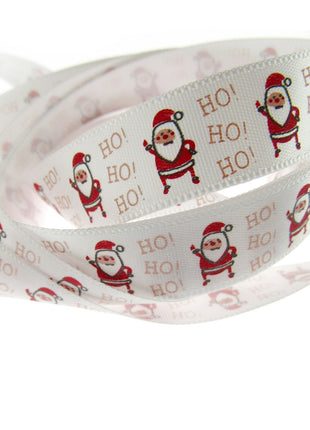 Christmas Ribbon White Satin Santa Ho Ho Ho Ribbon 15mm - 20 Meter Roll TCR0415
