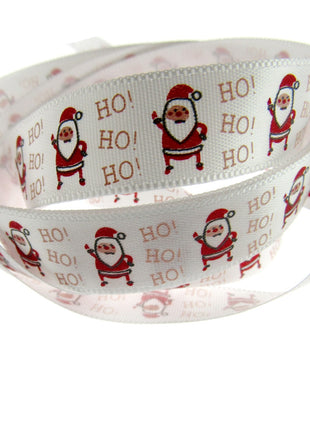 Christmas Ribbon White Satin Santa Ho Ho Ho Ribbon 15mm - 20 Meter Roll TCR0415