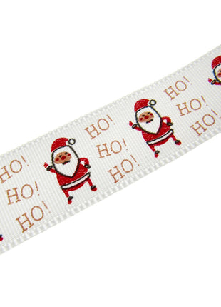 Christmas Ribbon White Satin Santa Ho Ho Ho Ribbon 15mm - 20 Meter Roll TCR0415