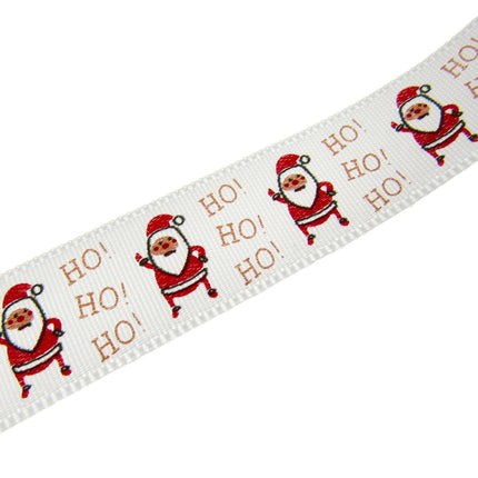 Christmas Ribbon White Satin Santa Ho Ho Ho Ribbon 15mm - 20 Meter Roll TCR0415