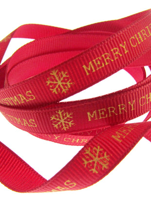 Red Narrow Grosgrain Merry Christmas Ribbon - 10mm Wide - 20m Roll - TCR0410