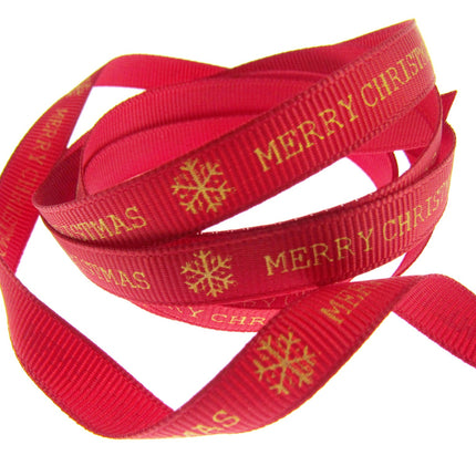 Red Narrow Grosgrain Merry Christmas Ribbon - 10mm Wide - 20m Roll - TCR0410