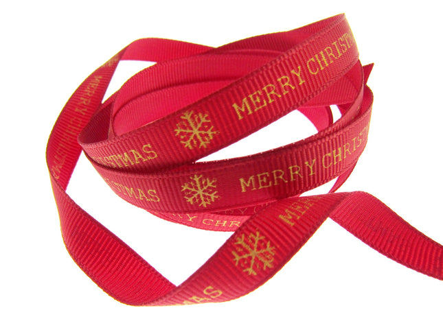 Red Narrow Grosgrain Merry Christmas Ribbon - 10mm Wide - 20m Roll - TCR0410