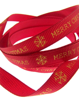 Red Narrow Grosgrain Merry Christmas Ribbon - 10mm Wide - 20m Roll - TCR0410