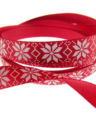 Narrow Red Satin Nordic Snowflake Christmas Ribbon - 20 Meter Roll - 10mm - 0610