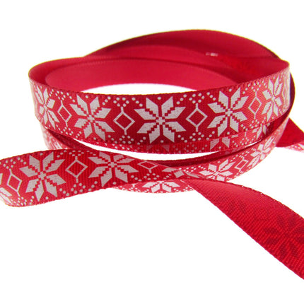 Narrow Red Satin Nordic Snowflake Christmas Ribbon - 20 Meter Roll - 10mm - 0610