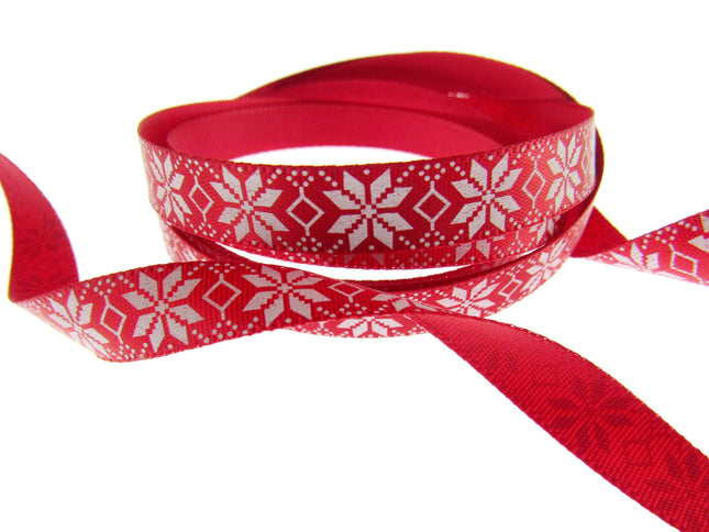Narrow Red Satin Nordic Snowflake Christmas Ribbon - 20 Meter Roll - 10mm - 0610