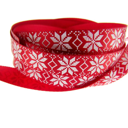 Narrow Red Satin Nordic Snowflake Christmas Ribbon - 20 Meter Roll - 10mm - 0610