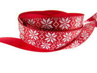 Narrow Red Satin Nordic Snowflake Christmas Ribbon - 20 Meter Roll - 10mm - 0610
